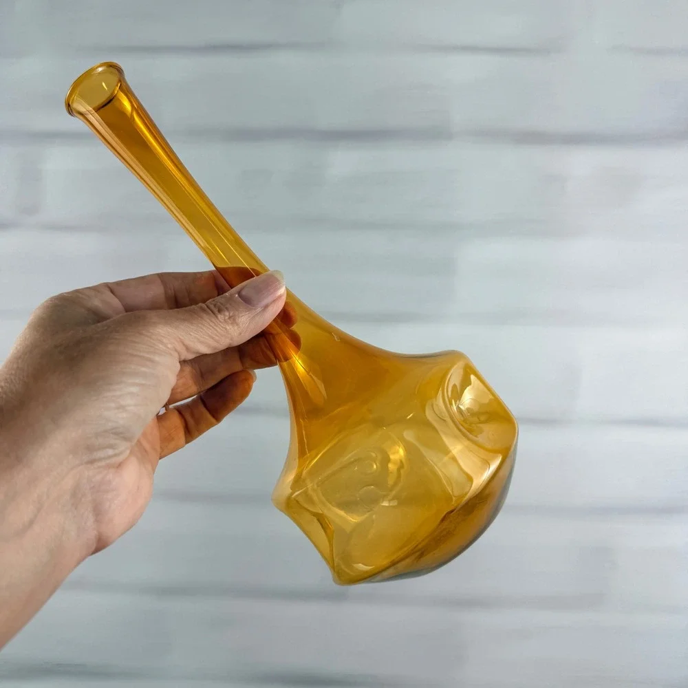 Lauscha Amber Art Glass Bud Vase Optic Dimple Mid Century German 10